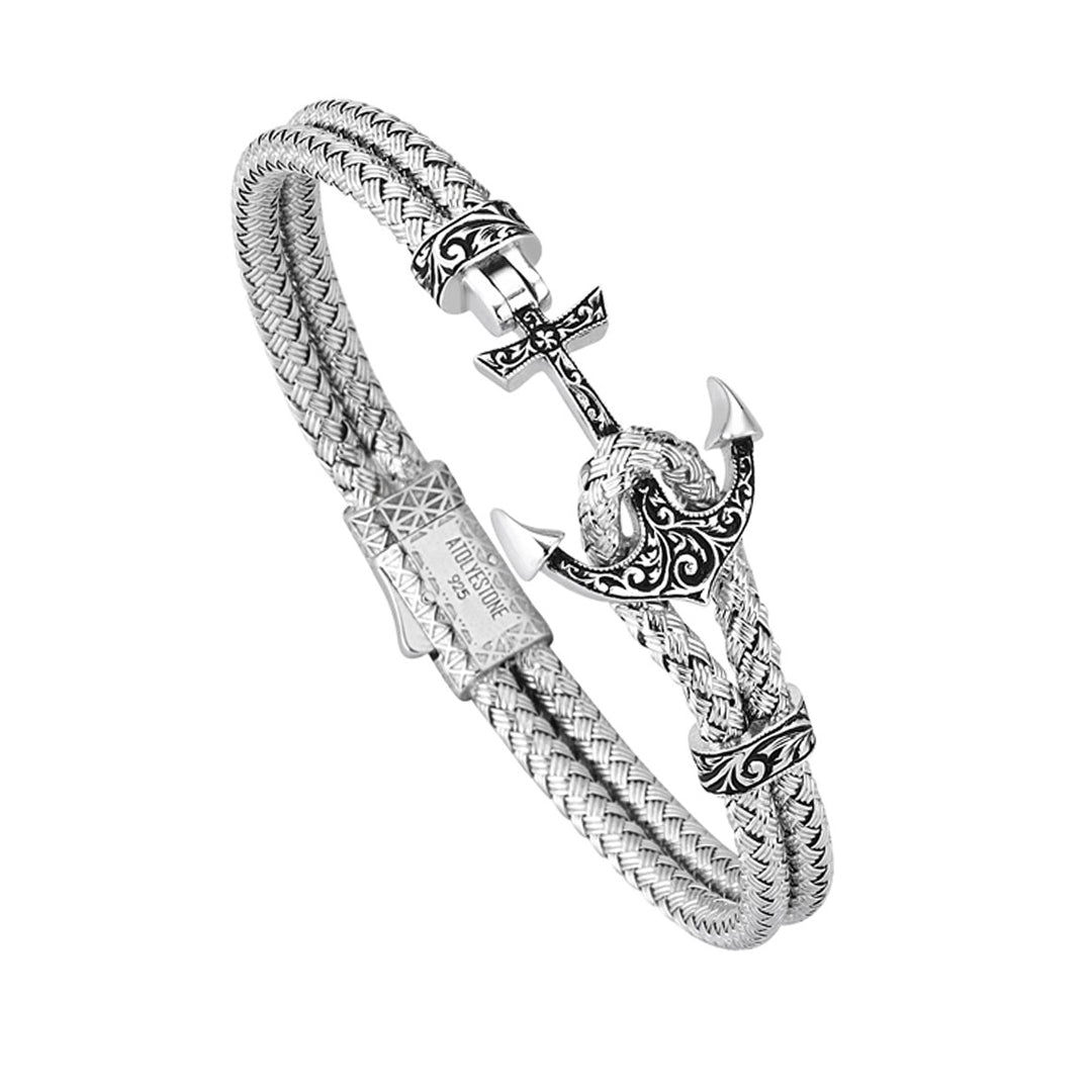 Mens Minimalist Classic Anchor Bangle - White Gold