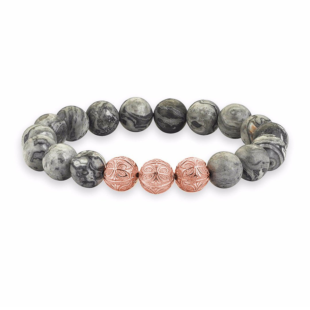 Mens Grey Jasper Apex Beaded Bracelet - Rose Gold