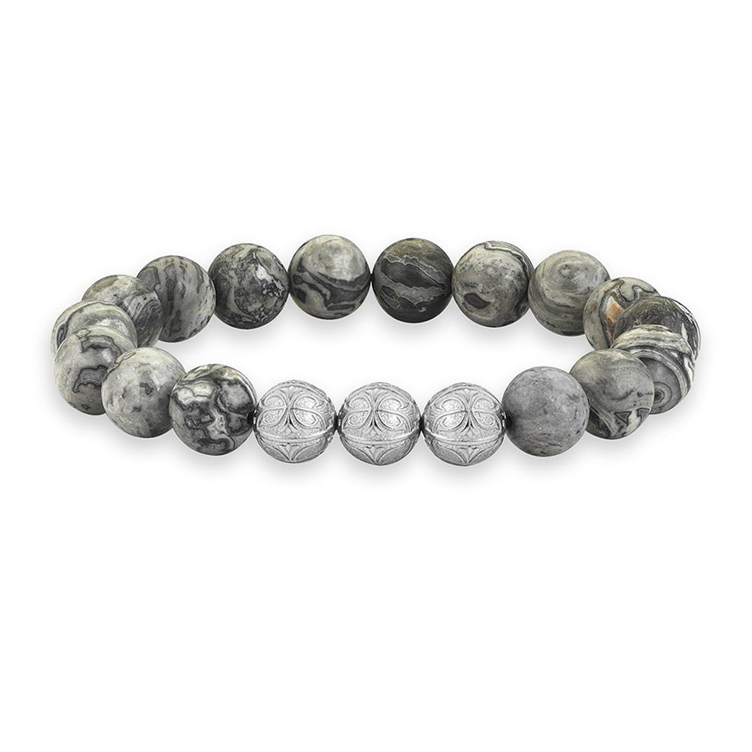 Mens Grey Jasper Apex Beaded Bracelet - White Gold