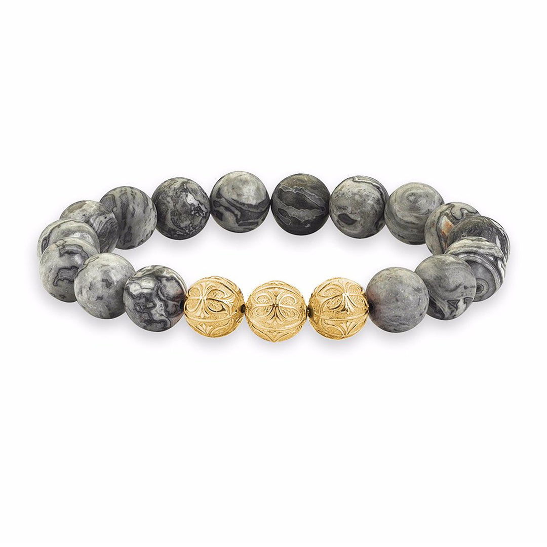 Mens Grey Jasper Apex Beaded Bracelet - Yellow Gold