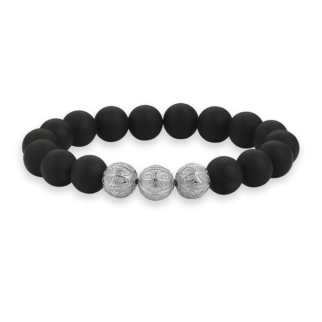 Mens Matt Onyx Apex Beaded Bracelet - White Gold