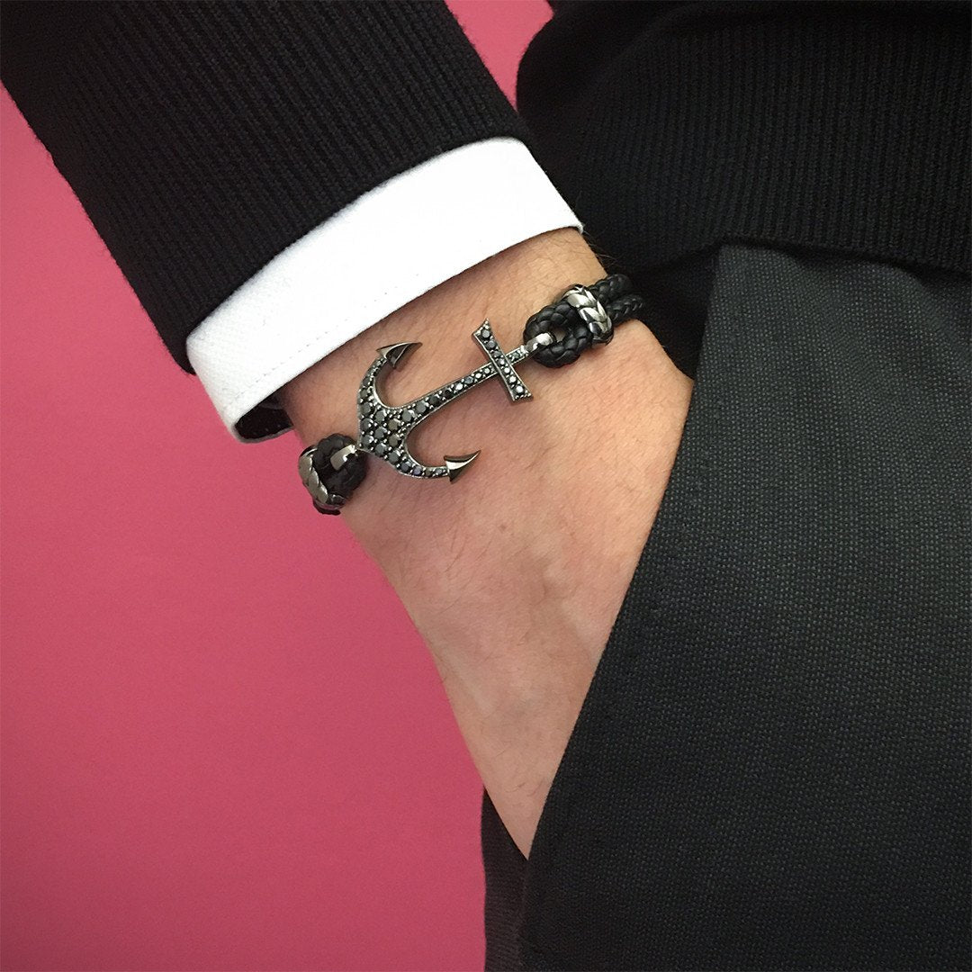 Anchor Leather Bracelet - Silver Plating Gunmetal - Black Nappa