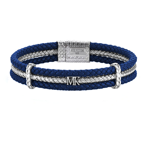 Men's Personalized Triple Row Leather Bracelet with Silver Row- Blue Leather Bracelet
