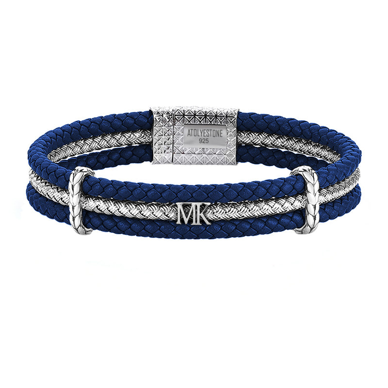 Men's Personalized Triple Row Leather Bracelet with Silver Row- Blue Leather Bracelet