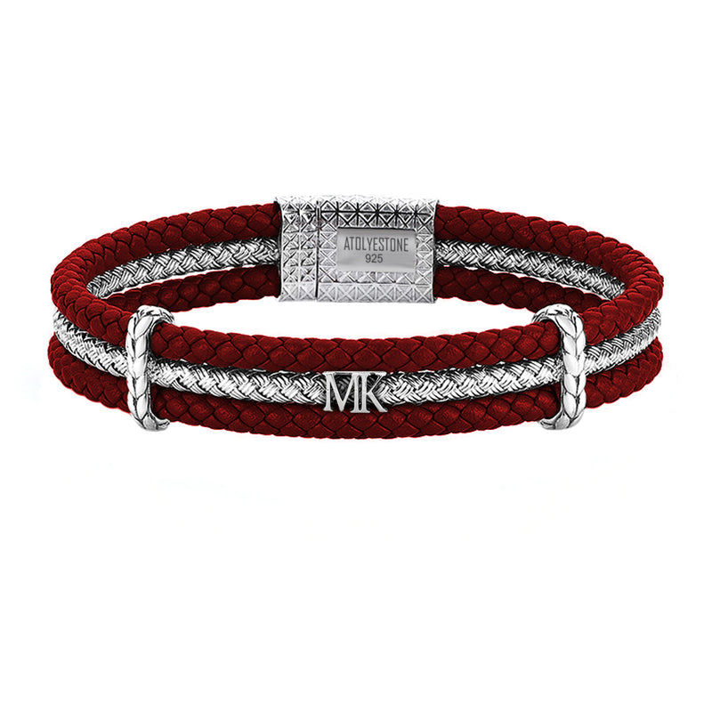 Men's Personalized Triple Row Leather Bracelet with Silver Row-Dark Red Bracelet
