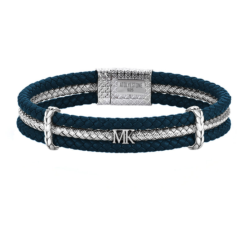 Men's Personalized Triple Row Leather Bracelet with Silver Row-Navy Leather