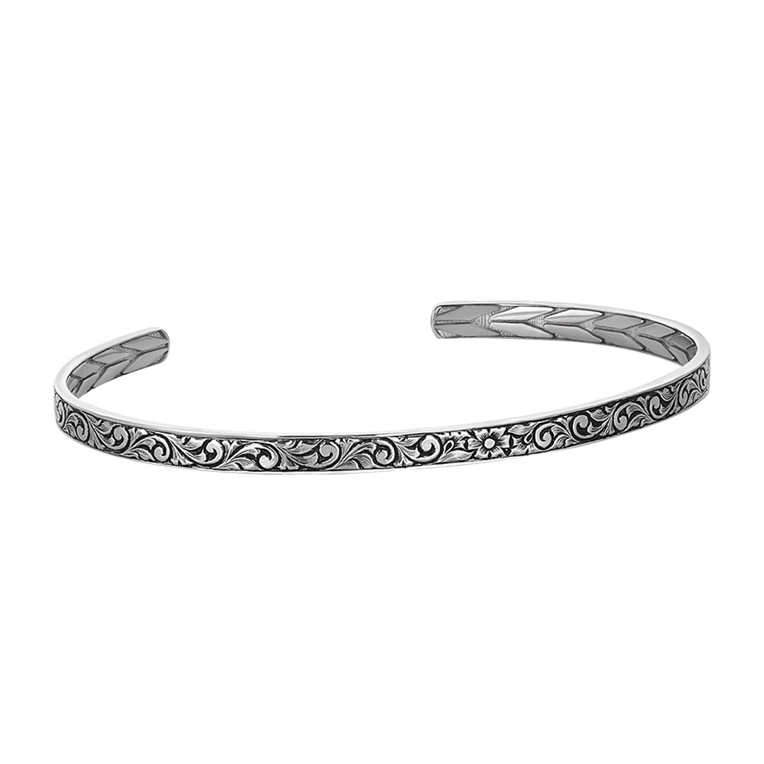 Men's Solid White Gold Hand Carved 4mm Cuff Bracelet