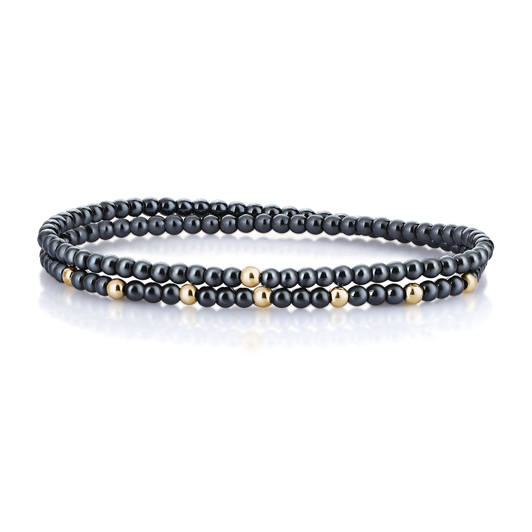 Minimalist Hematite Double Beaded Bracelet - Yellow Gold