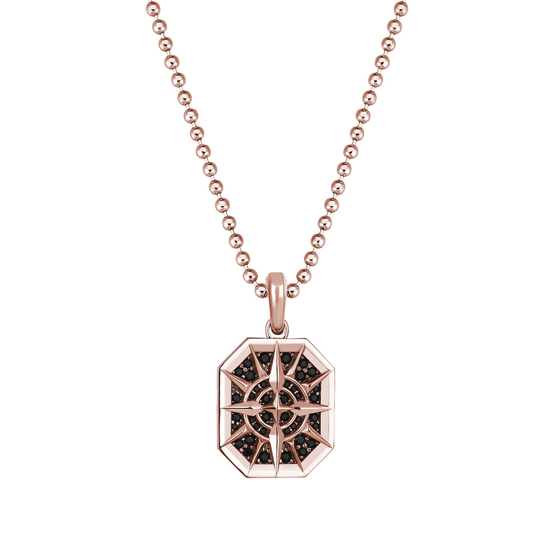 Men's Solid Rose Gold Octagon Compass Pendant Paved with Black CZ