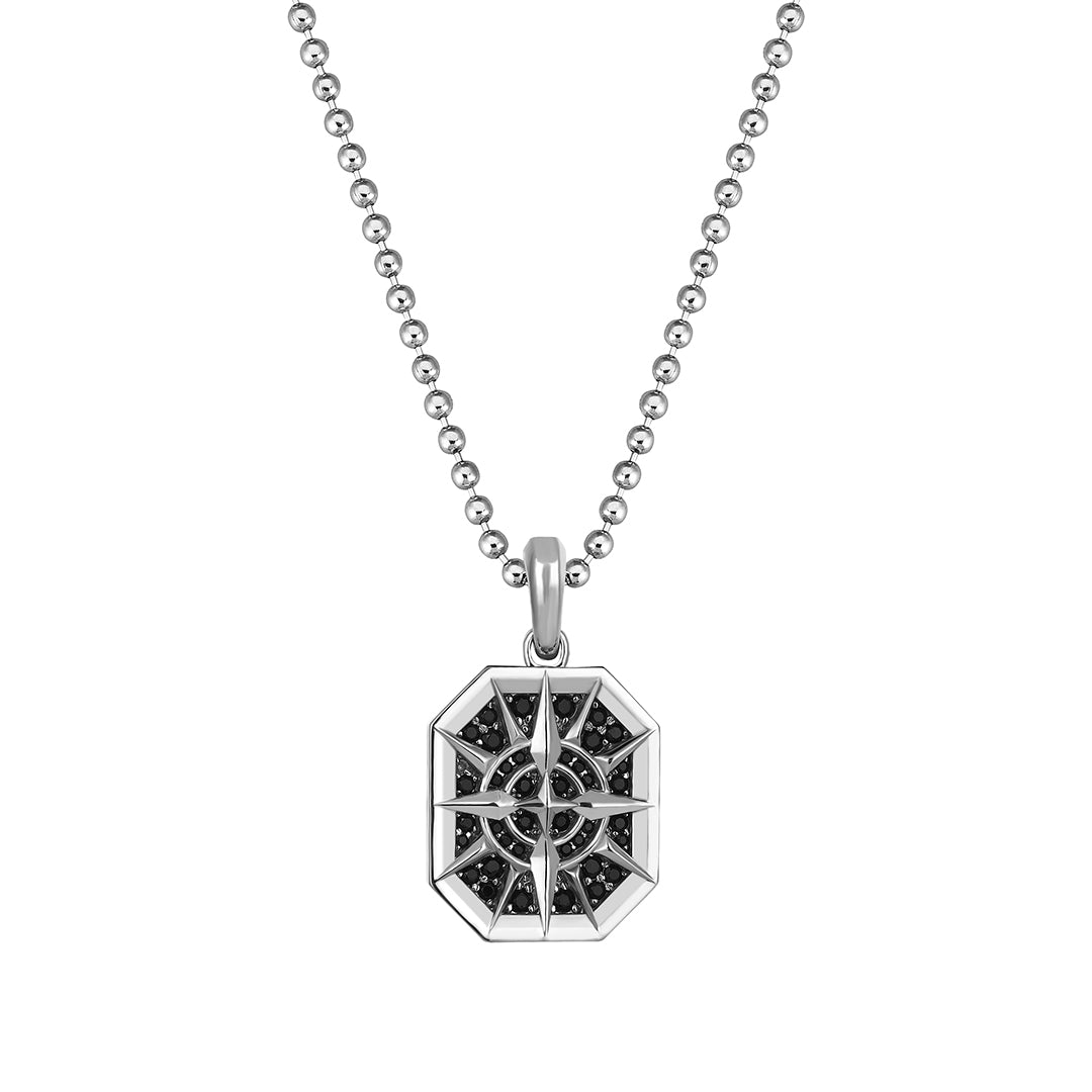 925 Sterling Silver Octagon Compass Pendant Paved with Black CZ