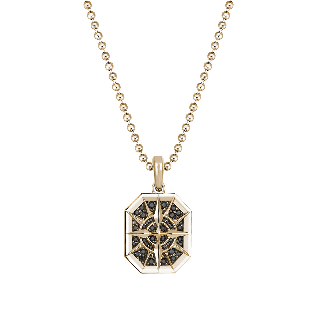 Men's Solid Yellow Gold Octagon Compass Pendant Paved with 0.52ct Black Diamonds