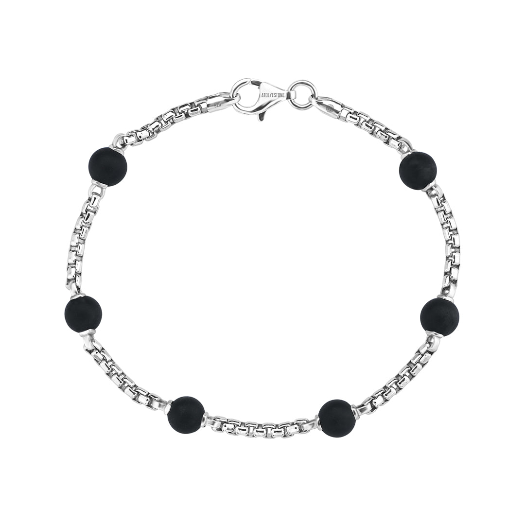 Men's 925 Solid Silver Agate Beaded Box Chain Bracelet