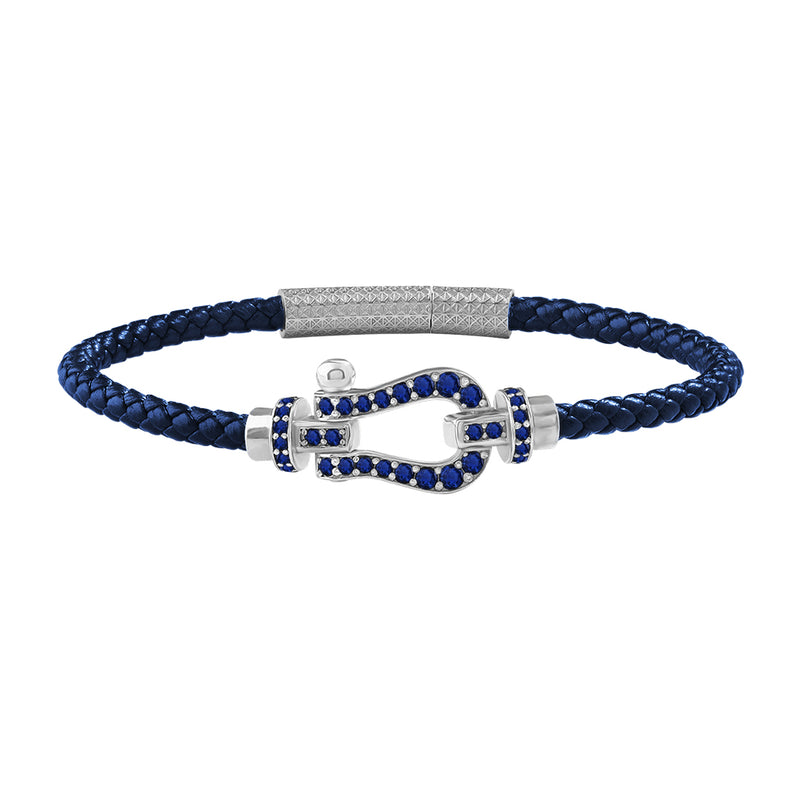 1.1ctw Sapphire Pave Real White Gold Buckle Blue Leather Bracelet