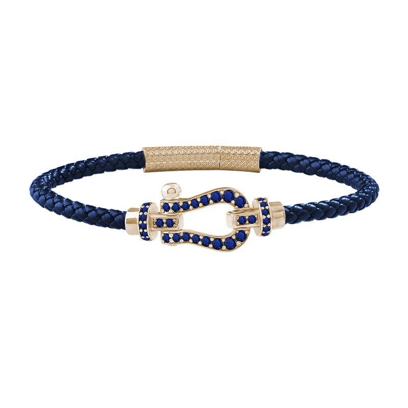 1.1ctw Sapphire Pave Real Yellow Gold Buckle Blue Leather Bracelet