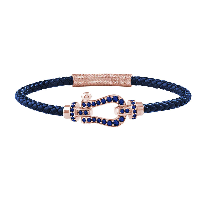 1.1ctw Sapphire Pave Real Rose Gold Buckle Blue Leather Bracelet