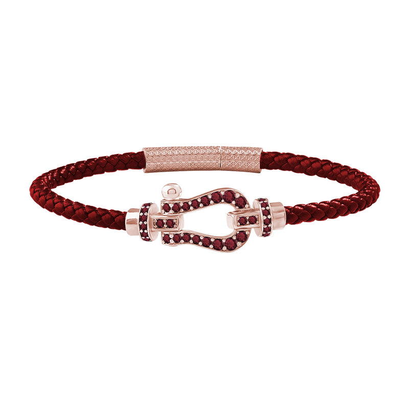 1.1ctw Ruby Pave Real Rose Gold Buckle Dark Red Leather Bracelet