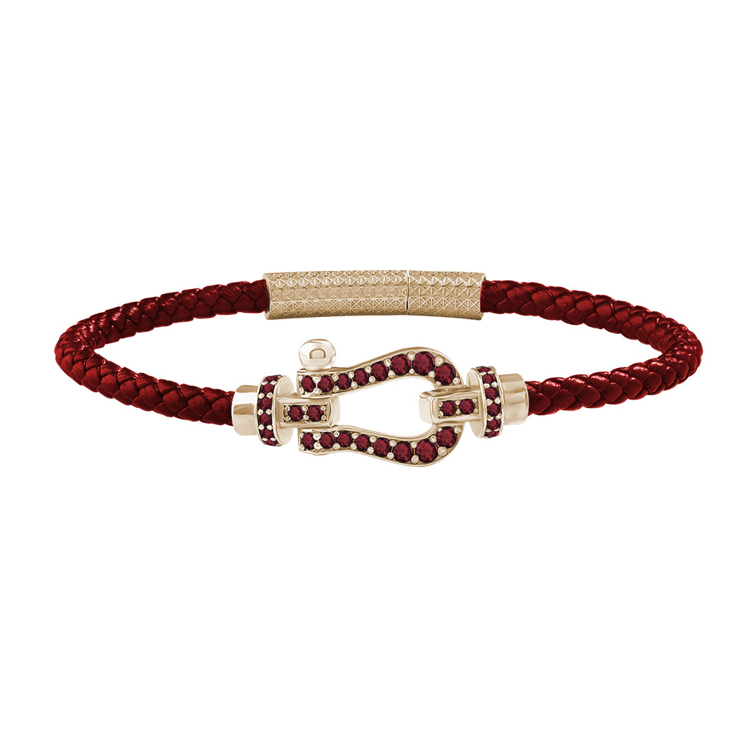 1.1ctw Ruby Pave Real Yellow Gold Buckle Dark Red Leather Bracelet
