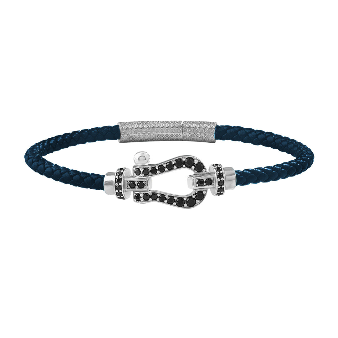 925 Sterling Silver Pave Buckle & Navy Leather Bracelet 