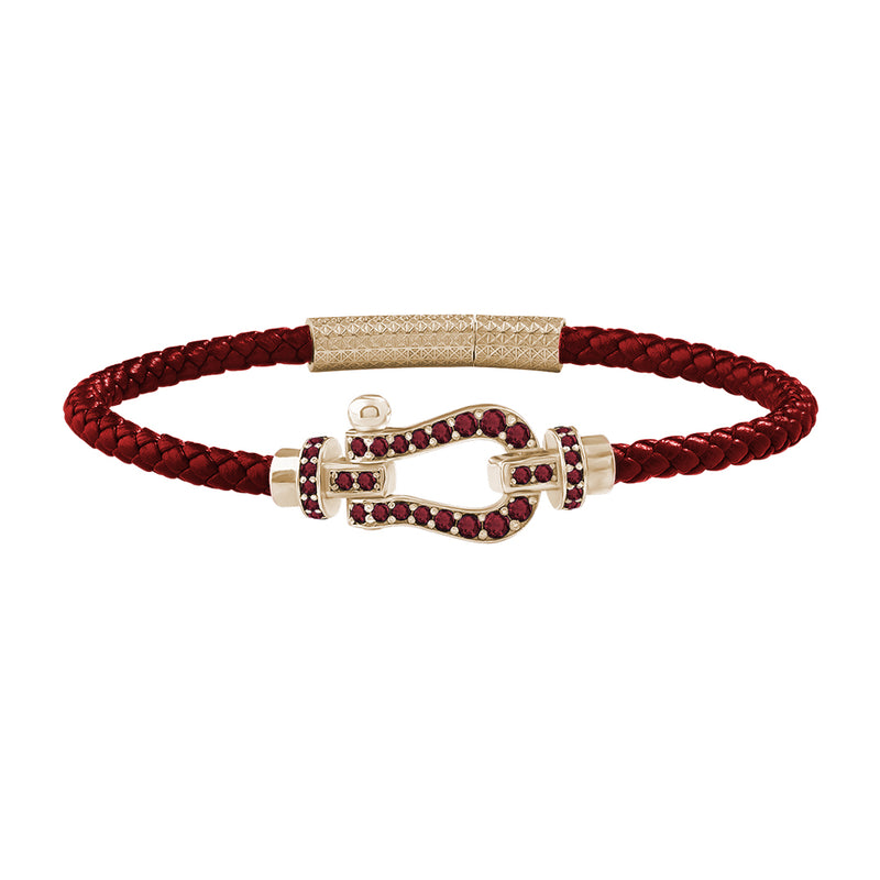 1.1ctw Ruby Pave Real Yellow Gold Buckle Dark Red Leather Bracelet
