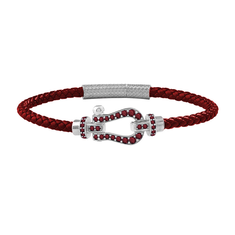 1.1ctw Ruby Pave Real White Gold Buckle Dark Red Leather Bracelet