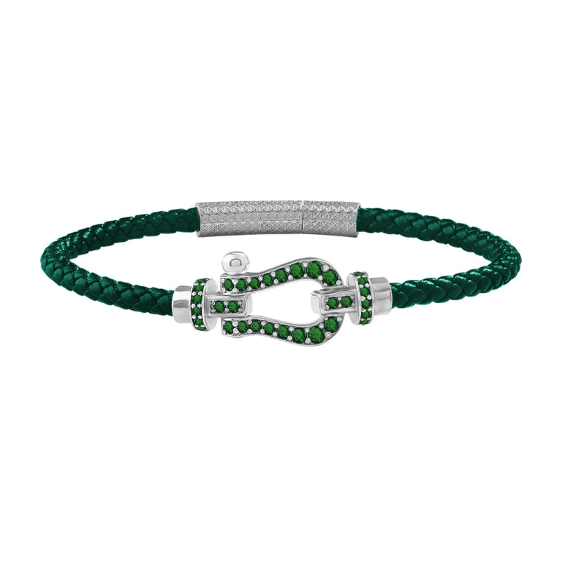 1.1ctw Emerald Pave Real White Gold Buckle Dark Green Leather Bracelet