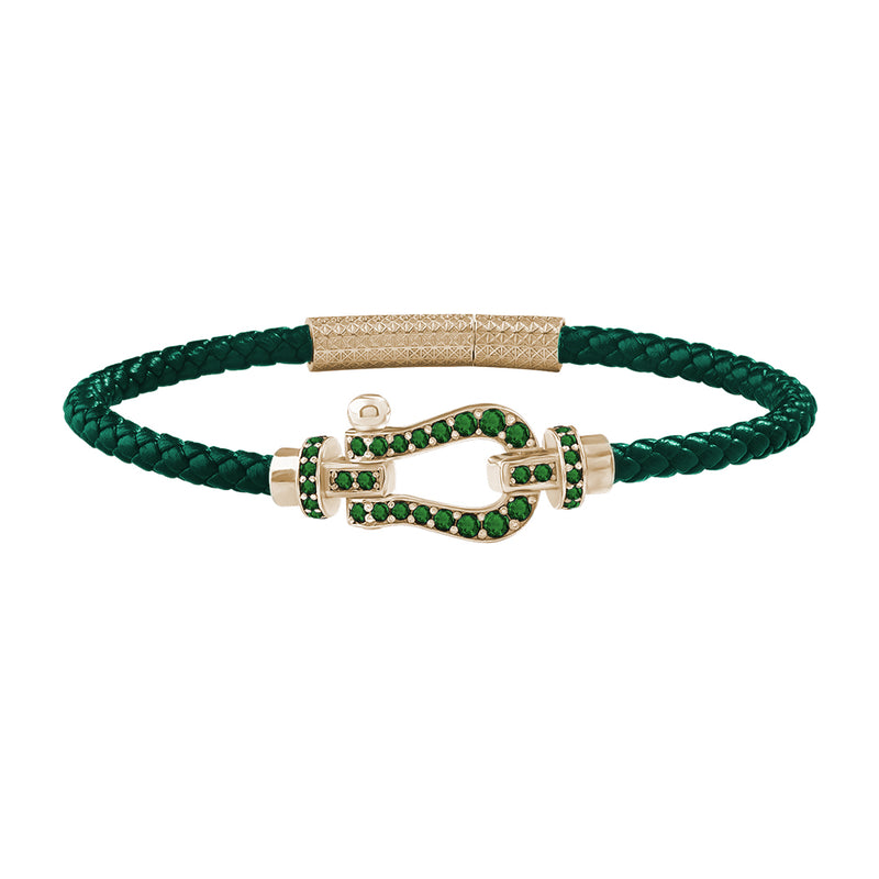 1.1ctw Emerald Pave Real Yellow Gold Buckle Dark Green Leather Bracelet