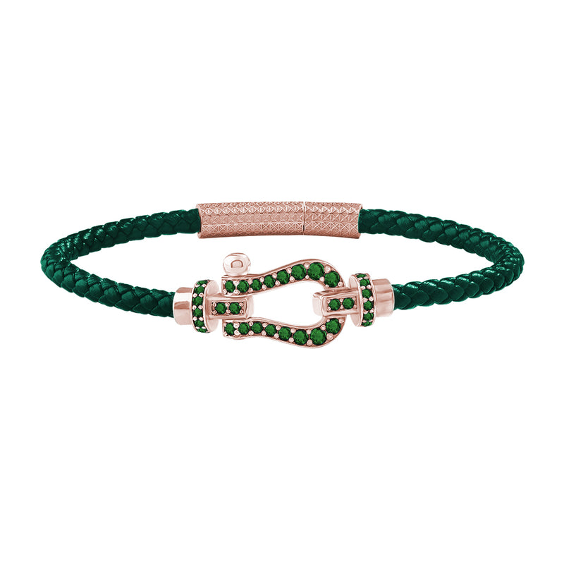1.1ctw Emerald Pave Real Rose Gold Buckle Dark Green Leather Bracelet