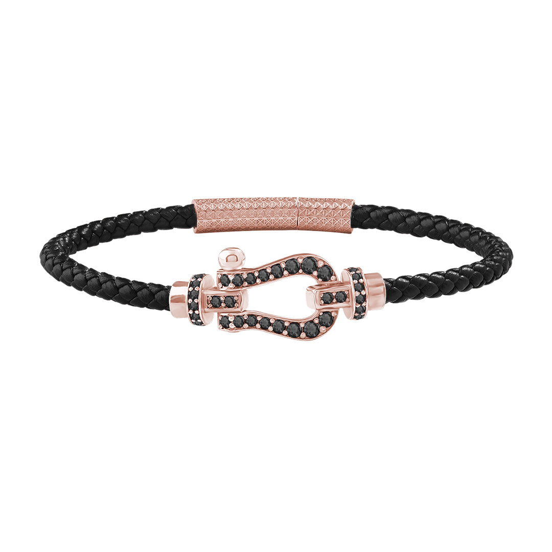 1.1ctw Black Diamond Pave Real Rose Gold Buckle Black Leather Bracelet