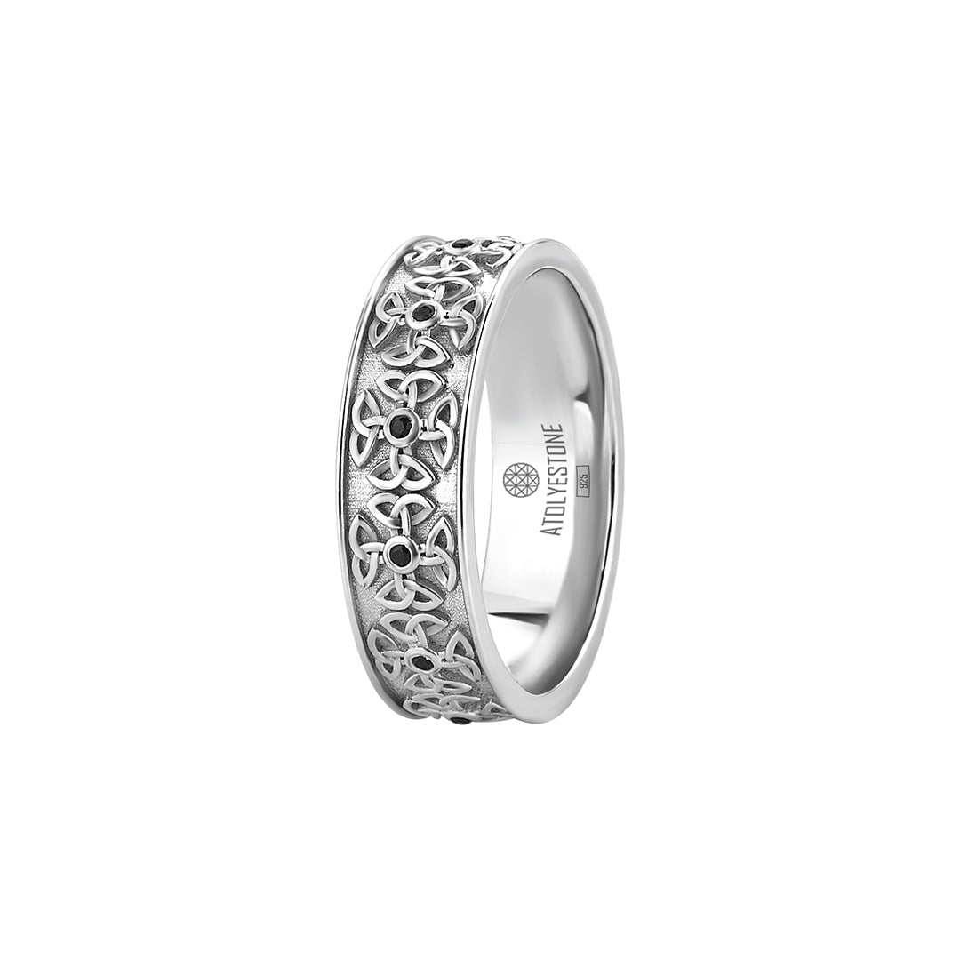 925 Sterling Silver Celtic Dara Knot Band Ring with Black CZ