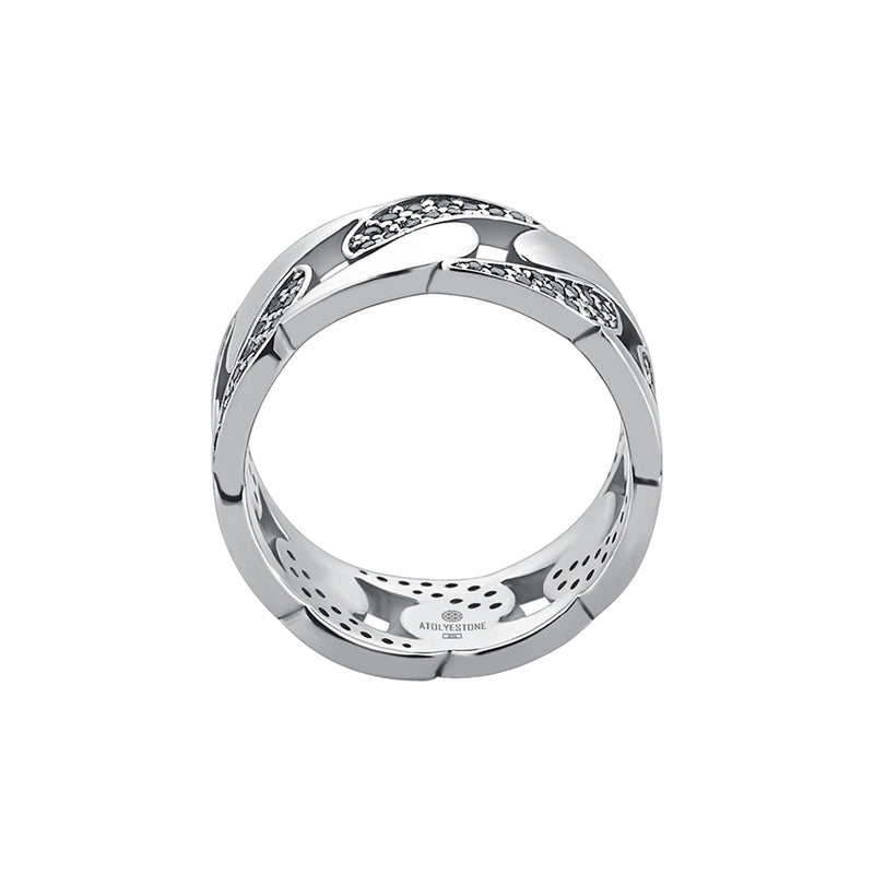 925 Sterling Silver Black Diamond Paved Cuban Link Ring for Men
