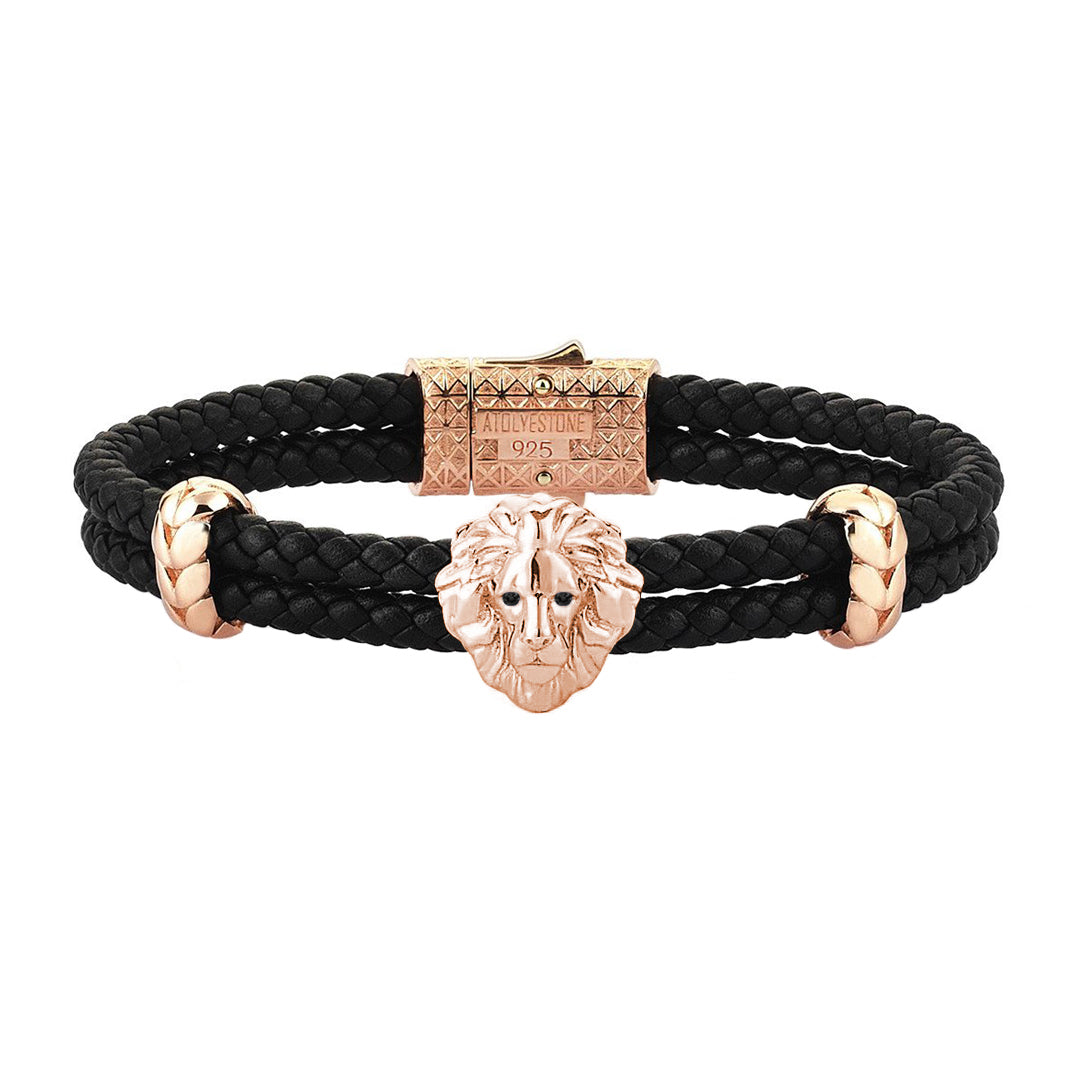 Diamond Leo Leather Bracelet - Rose Gold - Black Leather - Black Diamond