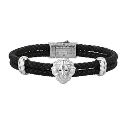 Diamond Leo Leather Bracelet - White Gold - Black Leather - Black Diamond