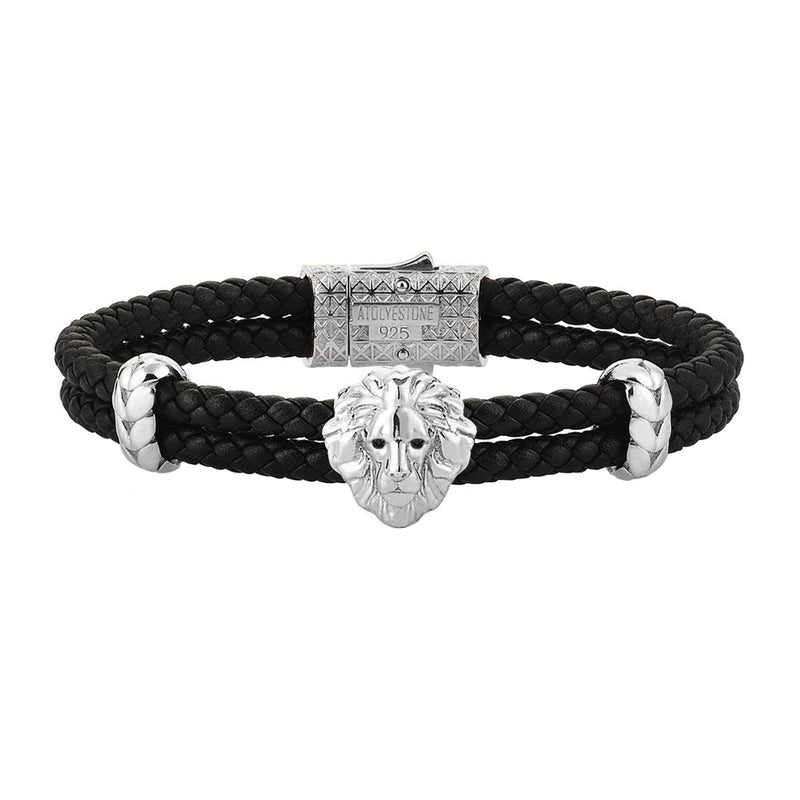 Diamond Leo Leather Bracelet - White Gold - Black Leather - Black Diamond