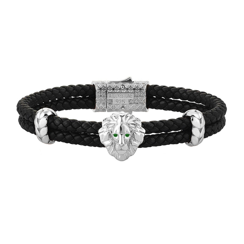 Diamond Leo Leather Bracelet - White Gold - Black Leather - Emerald