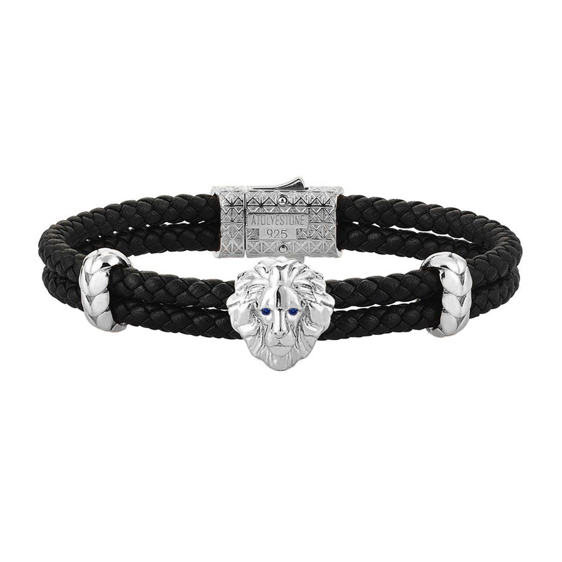 Diamond Leo Leather Bracelet - White Gold - Black Leather - Sapphire