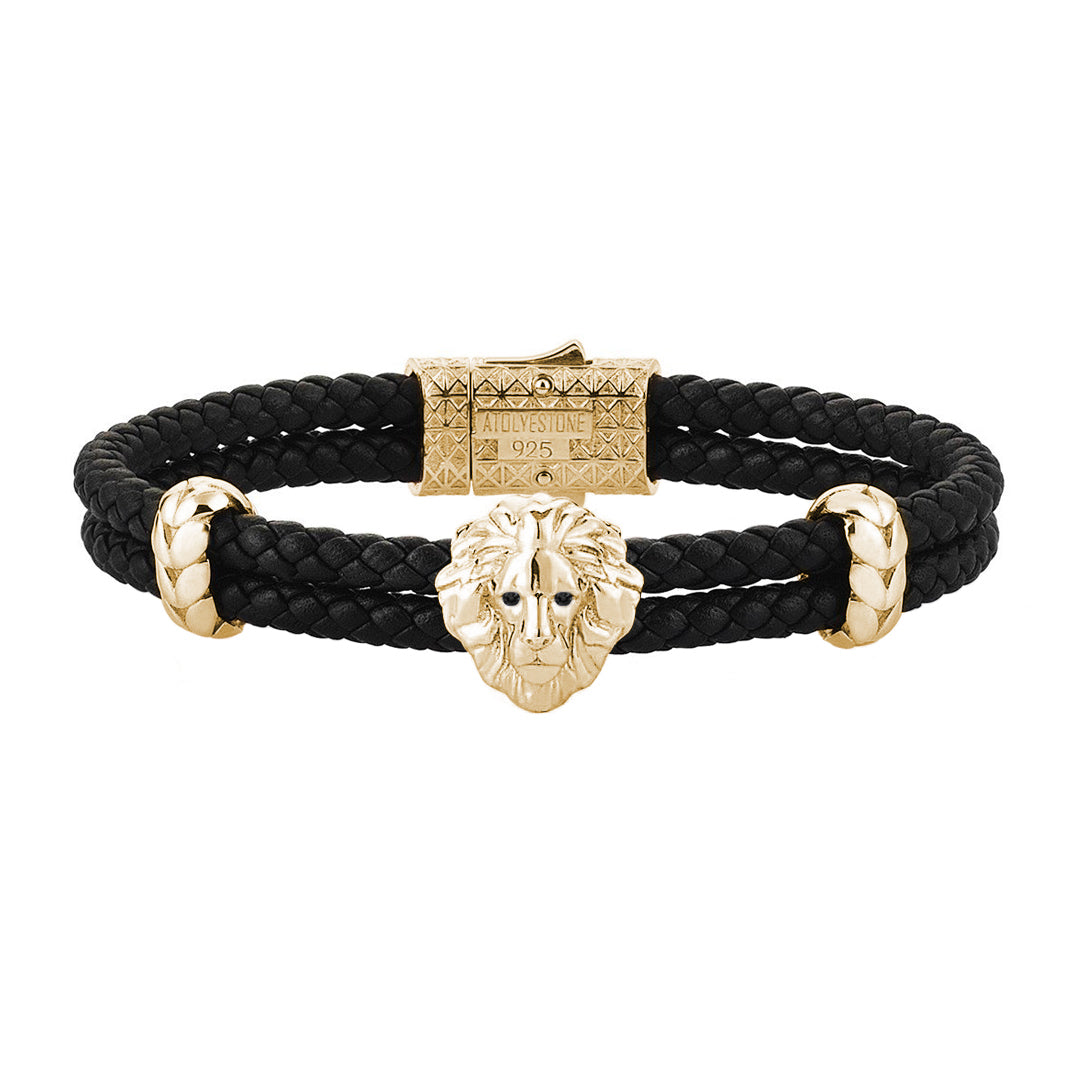Diamond Leo Leather Bracelet - Yellow Gold - Black Leather - Black Diamond
