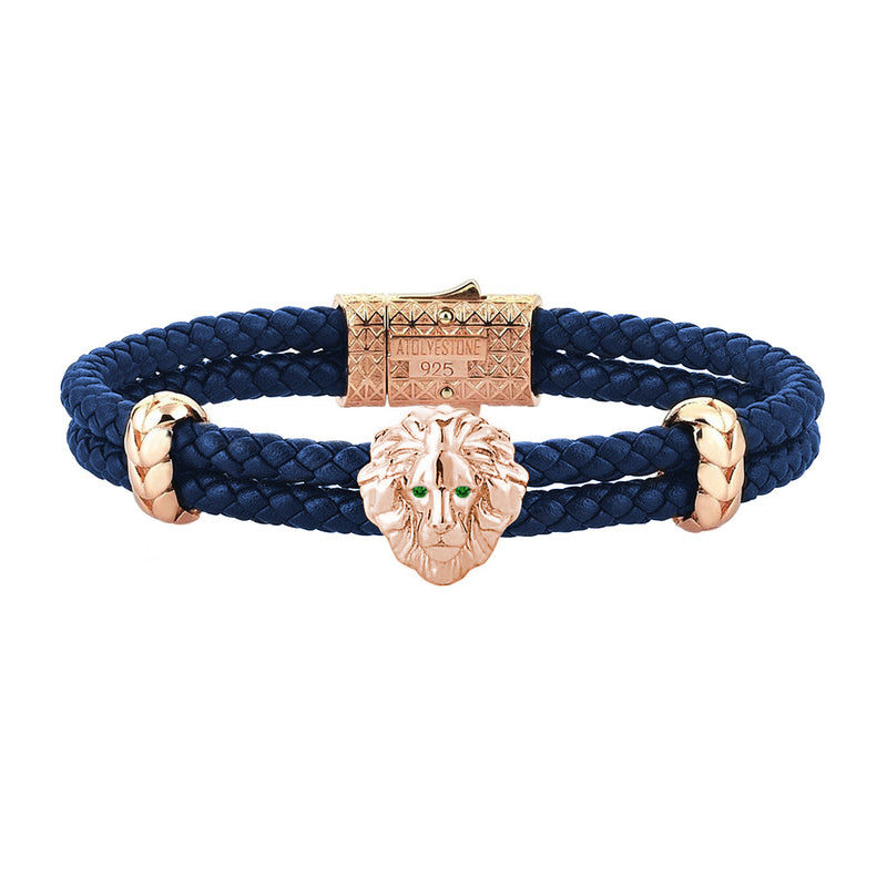 Diamond Leo Leather Bracelet - Rose Gold - Blue Leather - Emerald