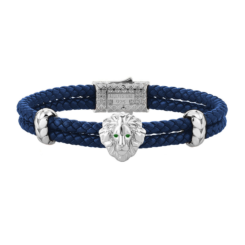 Diamond Leo Leather Bracelet - White Gold - Blue Leather - Emerald