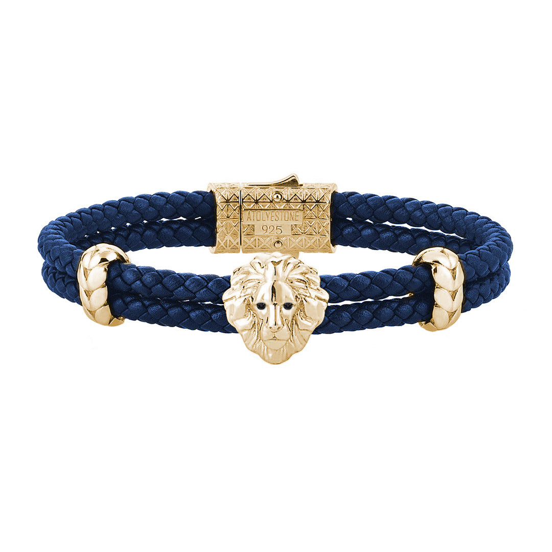 Diamond Leo Leather Bracelet - Yellow Gold - Blue Leather - Black Diamond