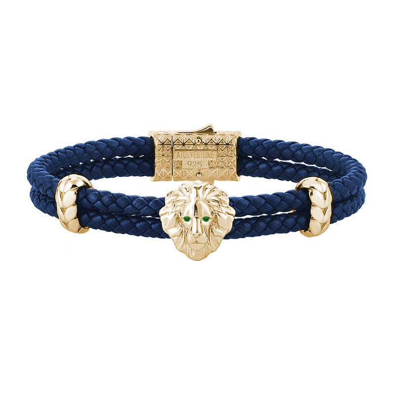 Diamond Leo Leather Bracelet - Yellow Gold - Blue Leather - Emerald