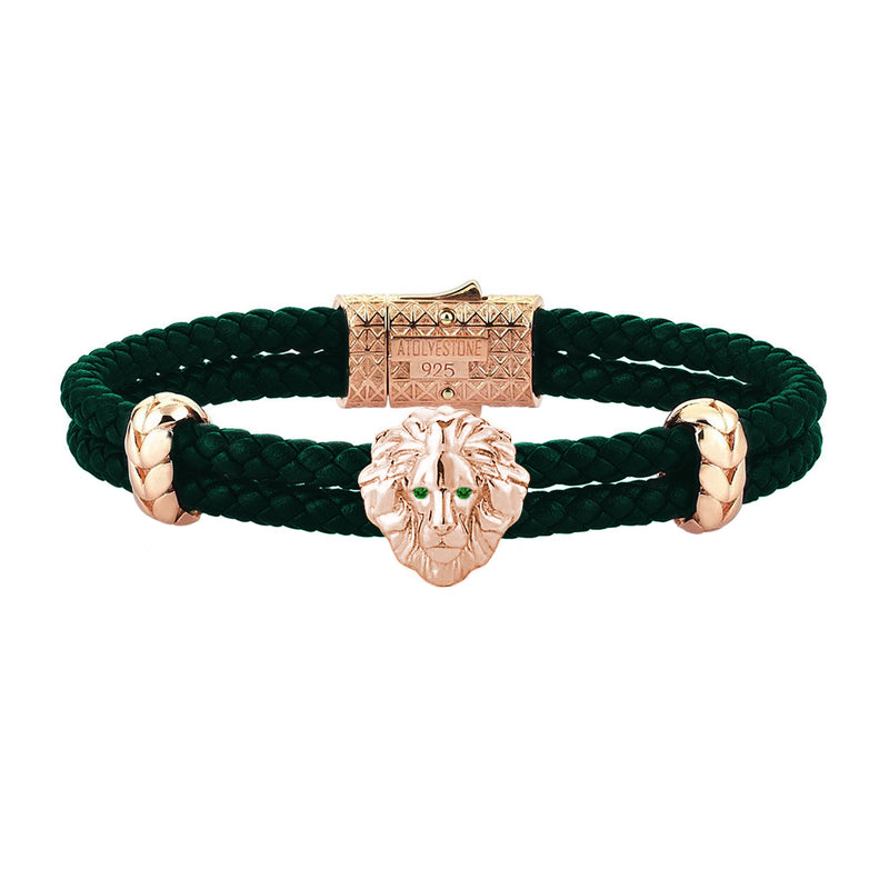 Diamond Leo Leather Bracelet - Rose Gold - Dark Green Leather - Emerald