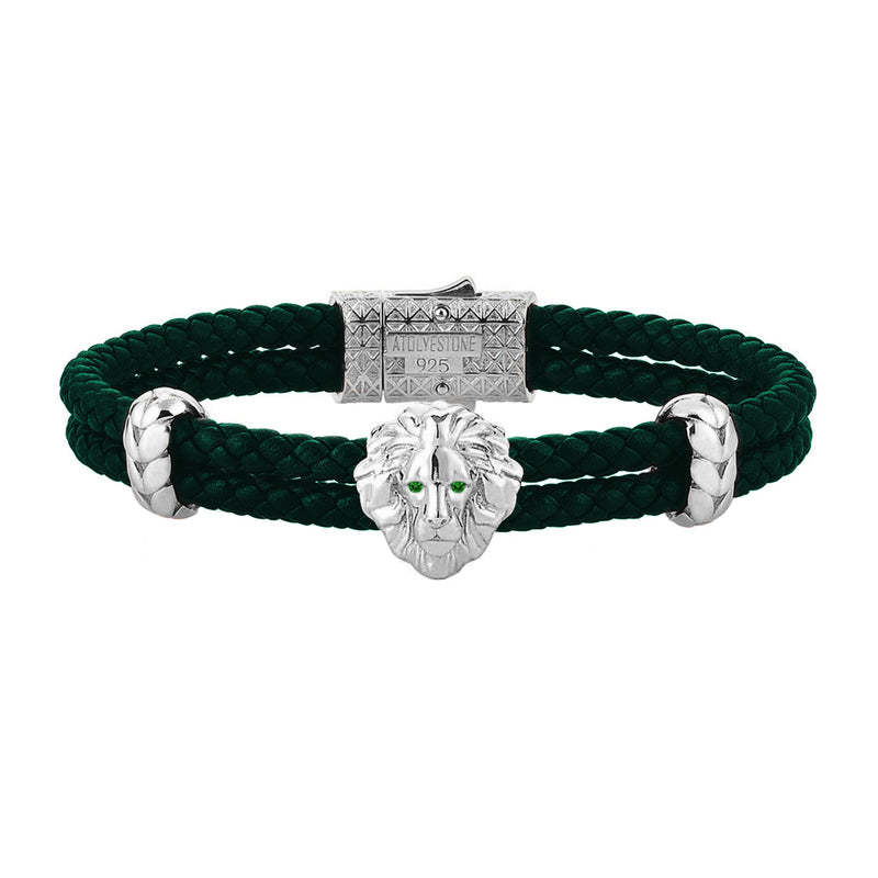 Diamond Leo Leather Bracelet - White Gold - Dark Green Leather - Emerald