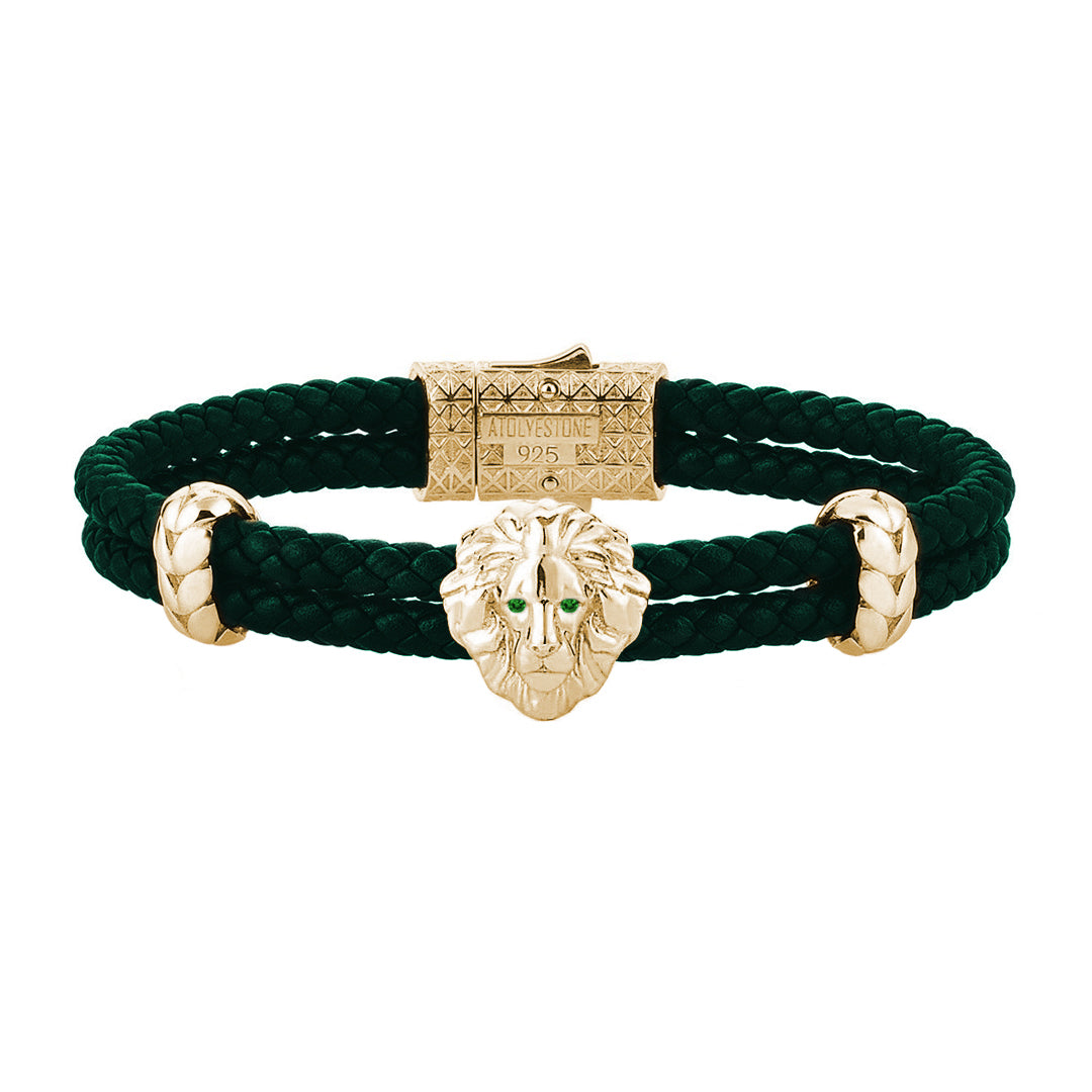Diamond Leo Leather Bracelet - Yellow Gold - Dark Green Leather - Emerald