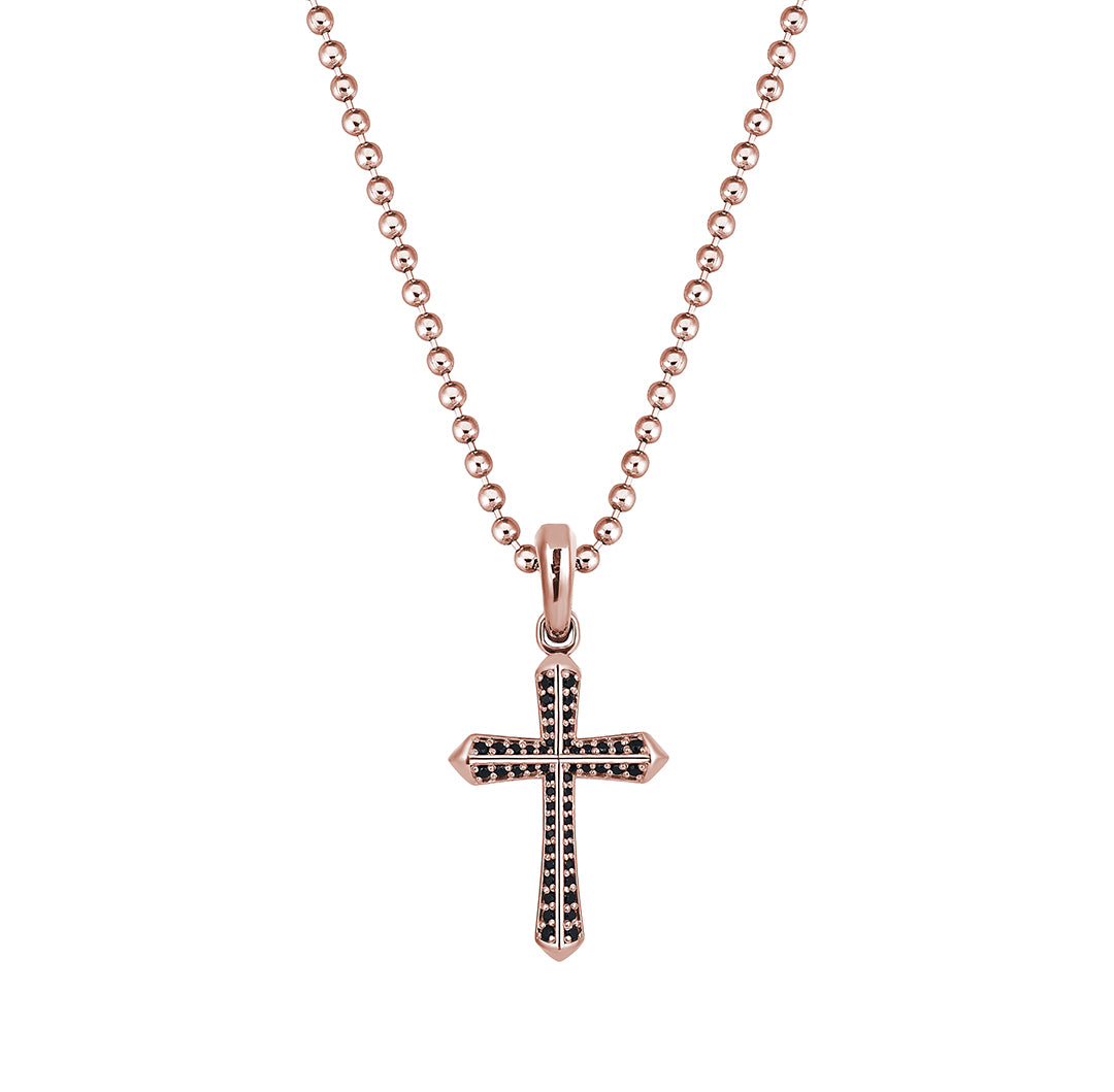 Men's Real Rose Gold Cross Pendant Pave with Black CZ