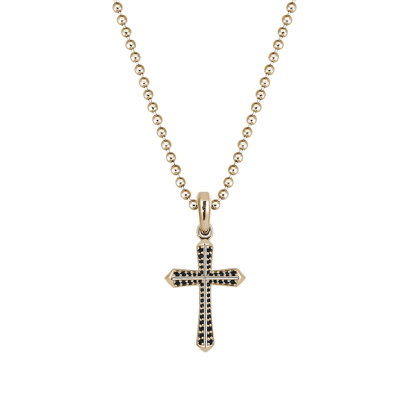 Men's Real Yellow Gold Cross Pendant Pave with Black CZ