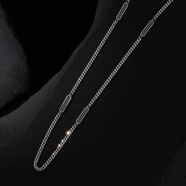 925 Sterling Silver Cuban Links Chain Necklace with Black CZ Paved Tags for Men