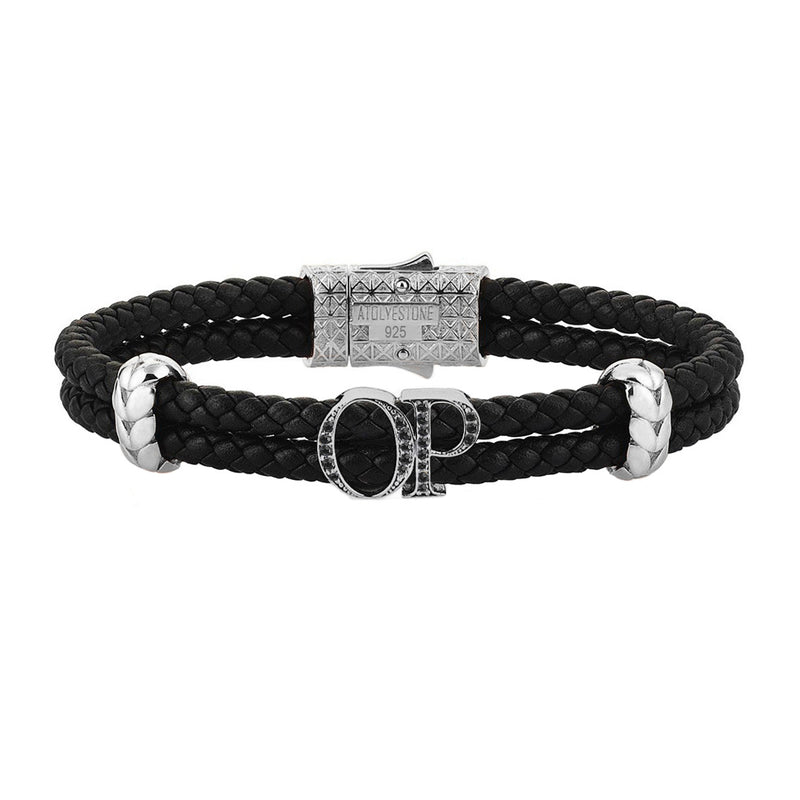 Atolyestone Mens Personalized Leather Bracelet - Silver - Pave Black Diamond - Black