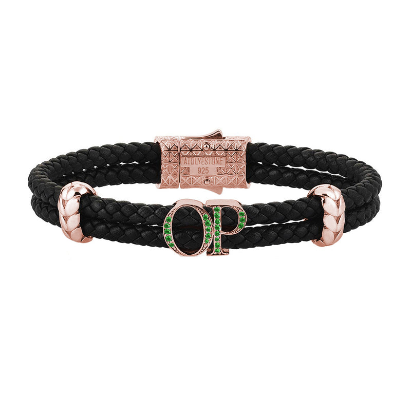 Atolyestone Mens Personalized Leather Bracelet - Rose Gold - Pave Emerald - Black