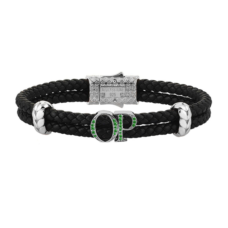 Atolyestone Mens Personalized Leather Bracelet - Silver - Pave Emerald - Black