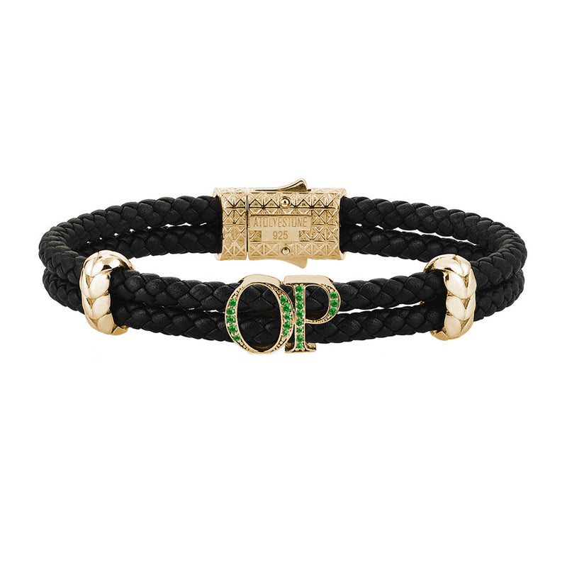 Atolyestone Mens Personalized Leather Bracelet - Yellow Gold - Pave Emerald - Black